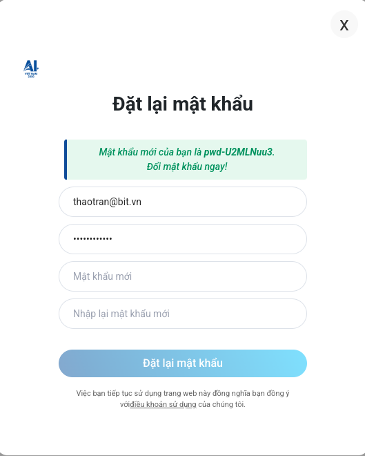 Form đặt lại mật khẩu